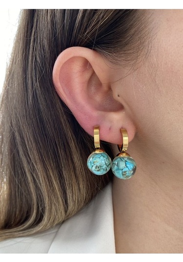 Mavi Taşlı Yuvarlak Sallantılı Çelik Kararmaz Gold Kaplama Küpe Ç