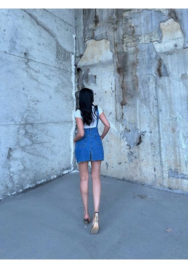 Shevega Kadın Mavi Ucu Kesik Kanguru Cep Etekli Bahçivan Kot Tulum Mavi