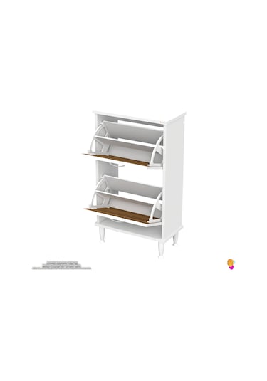 Modilayn Umay Kapı Önü 52 X 90 X 25, 5 Cm Lik 2 Düşer Kapak 4 Göz Bölmeli Ayakkabılık Beyaz - Ceviz