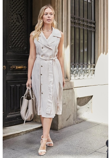 Kadın İpeksi Modal Likrasız Kumaş Anvelop Kruvaze Yakalı Cepli Bağcıklı Midi Boy Diz Altı Elbise-bej Bej