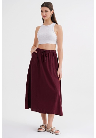 4633 Kadın Yandan Cepli Parçalı Etek Bordo Bordo