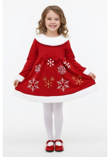 Kız Çocuk Yılbaşı Elbisesi-kloş Etekli-welsoft Yakalı-2 İplik Şardonlu-12435 Kırmızı