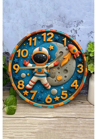 Astronot Ve Ay Temalı Mdf Çocuk Duvar Saati 3d Görünümlü, 2d Hd Baskı, Sessiz Mekanizma Sdw239 Renkli