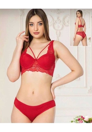 Arona Dantelli Desteksiz Sütyen Takımı 80 Beden Kırmızı