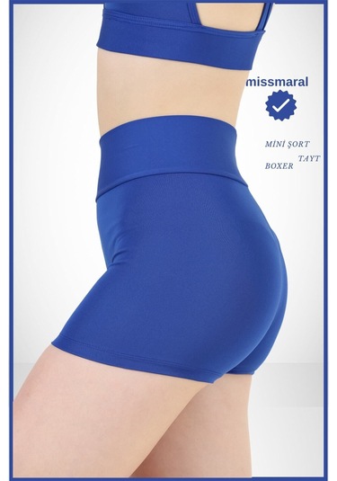 Kadın Mavi Yüksek Bel Toparlayıcı İç Göstermeyen Boxer Şort Deniz, Havuz & Günlük Kullanım İçin Saks Mavi