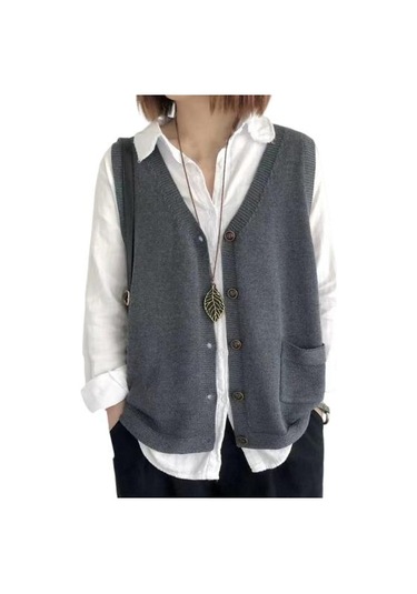 Gri Kadın Örgü Yelek V Yaka Kolsuz Tek Sıralı Sıcak Yelek Düz Renk Bol Kesim Gri
