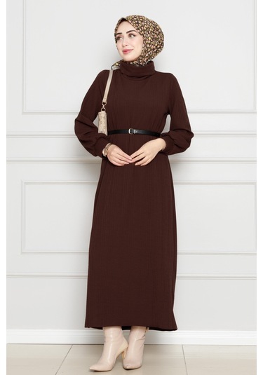 Balıkçı Yaka Kemerli Elbise-kahverengi-4554 Kahverengi