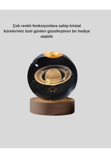 Satürn Gezegenli Kristal Küre Led Lamba Usb Li Ahşap Standlı