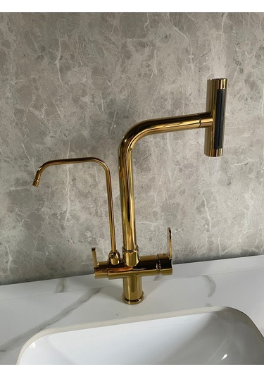 Mutfak Eviye Bataryası Dual Flow Arıtma Çıkışlı Duş Şelale 3 Fonksiyon Altın