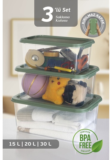 3'lü 15-20-30 L Çok Amaçlı Saklama Kabı Seti - Kilitli Kapak Banyo Mutfak Düzenleyici Saklama Kutusu Yeşil