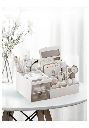 Office 2 Çekmeceli Masa Üstü Düzenleyici - Ofis Kalemlik Bölmeli Beyaz