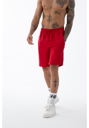 Erkek Kırmızı Yüksek Kalite Relax-fit Rahat Kesim %100 Pamuk Bağcıklı Siyah Düz Basic Şort Kırmızı