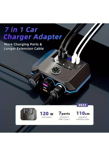 Boatshop1 7si 1 Arada Premium Araç Şarj Adaptörü Siyah 120w Hızlı Şarj 3 Priz 4 Usb Qc3.0 12 24v