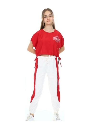 Kız Çocuk Yanları Şerit Detaylı Kargo Cepli Eşofman Altı-13738 Beyaz