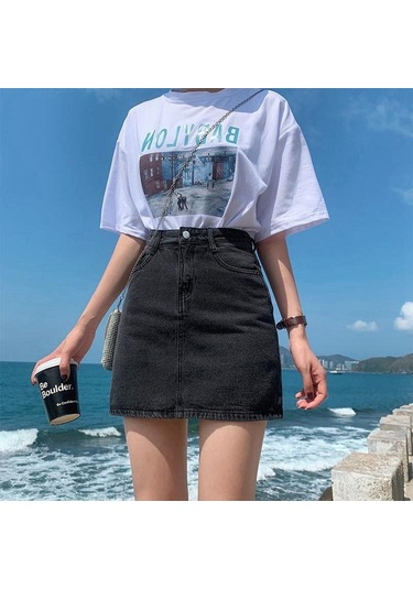 Kadın Etek Popüler Kot Etek Yüksek Bel Kore Kadınlar Için Diz Boyu Kısa Kot Etekler Kayısı