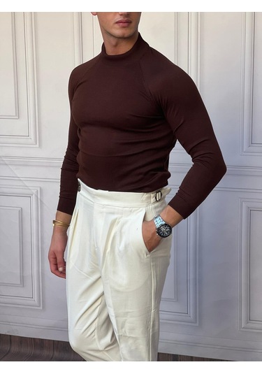 Modefendi Slimfit Kalıp Pamuklu Triko Yarım Balıkçı Triko Kazak Kahverengi