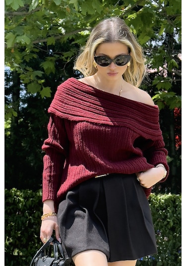 Lela Oversize Fit Madonna Yaka Triko Bayan Kazak 4615216 Bordo