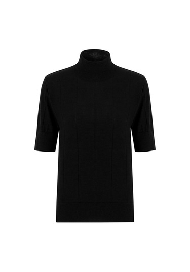 Peraluna Balıkçı Yaka Kısa Kollu Basic Kadın Triko Bluz Siyah-Siyah