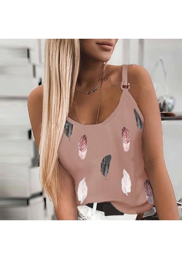 Pembe Yeni Kadın Moda Yaz Rahat Tüy Baskı Spagetti Sapanlar Kolsuz Tank Tops