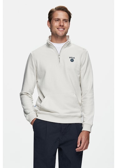 Ucla Leon Bej Yarım Fermuar Nakışlı Standard Fit Erkek Sweatshirt Bej