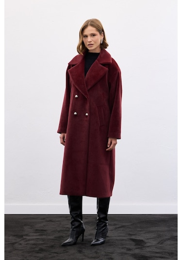 Sateen Düğme Detaylı Uzun Kaban - Bordo-136604 Bordo