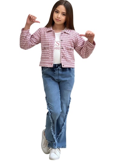 Kız Çocuk Kazayağı Desenli Pantolonu Püskül Detaylı Ceketli Takım Çok Renkli