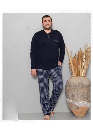 Pijamoni Erkek Battal Düğme Yaka Penye Uzun Kol Pijama Takımı 6720/10 - 1 Adet Siyah