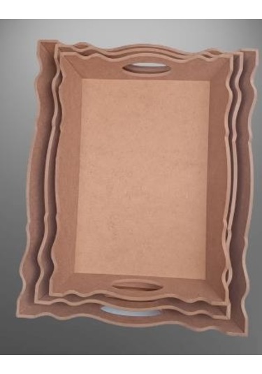 Hobi Dekoratif Model Üçlü Tepsi Seti Dalgalı Kenar Ahşap HAM MDF El Yapımı