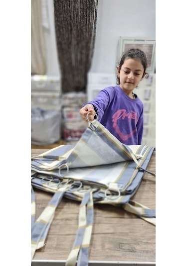 Devrim Olivya Tekstil Gri-krem Çizgili Özel Dikim Lüks Halkalı Branda Balkon Perdesi Gri - Krem