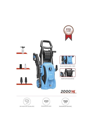Torima Hpc-01 Mavi Yüksek Basınçlı Oto, Halı, Bahçe Temizleme Ve Yıkama Makinesi 2000w, 150 Bar Mavi