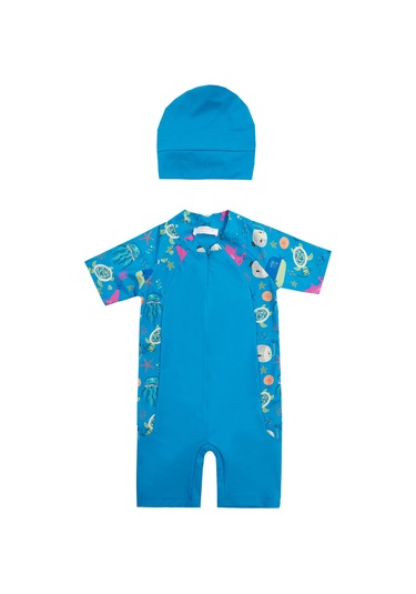 Uv Korumalı Kısa Kollu Tulum Bebek Çocuk Yüzücü Mayo 1910 Mavi Mavi