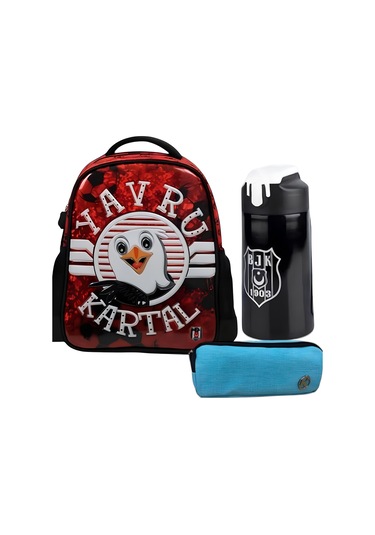 Genç Taraftar Anaokulu Çantası , Çift Gözlü Kalem Çantası - Suluk Matara Çok Renkli