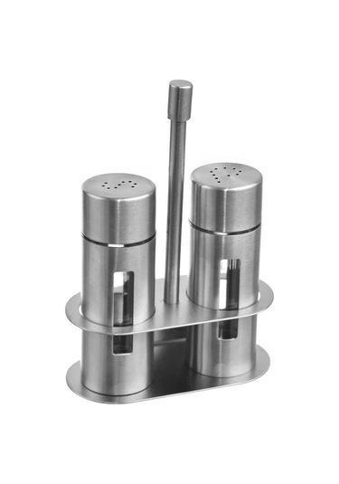 Mat Çelik 3 Parça Tuz Karabiber Standlı Baharatlık Set Cin972 Gri