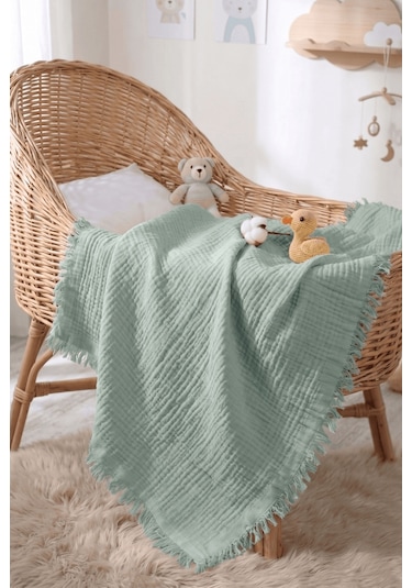 Müslin Püsküllü 4 Katlı Müslin Battaniye 90x120 Cm - Ze4katlı Yeşil