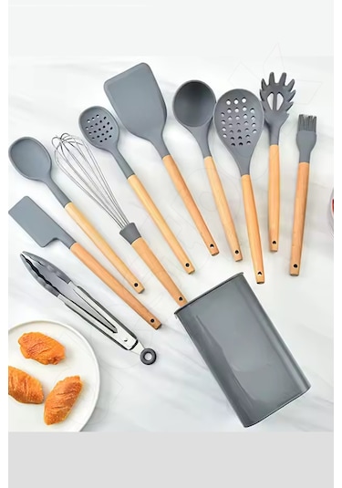 Gri 11'li Bambu Saplı Silikon Servis Seti - Kepçe, Kevgir, Maşa
