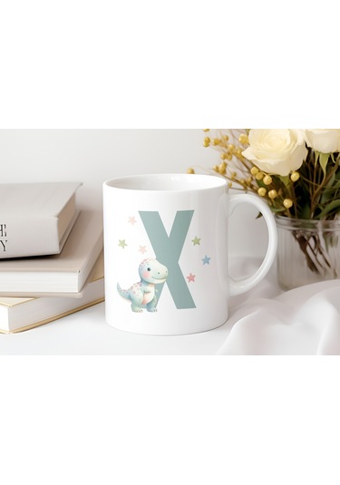 X Harfi Sevimli Dinozor Kupa Bardak - Açık Yeşil Yıldız Detaylı Dino Tasarım - Hediye Beyaz