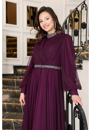 Senna Taş Detaylı Büyük Beden Şık Tesettür Abiye Mürdüm