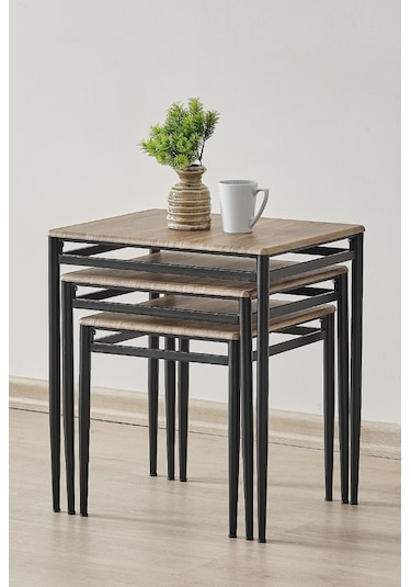 Damrin Serisi Traverten Desen 1. Sınıf Mebran Mdf 3 Lü Zigon Sehpa Takımı Ceviz Desen - Siyah Ayak