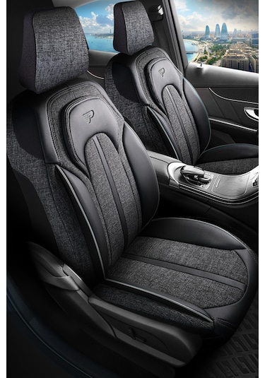 Füme - Gri Panda Sevılla Serısı Keten Kumaş Oto Koltuk Kılıfı - Tam Set