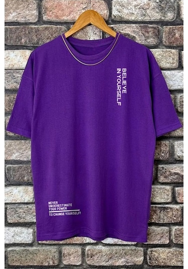 Erkek Belive İn Yourself Baskılı Oversize Tshirt Mor