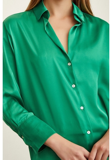 Never More Basic Saten Gömlek Yeşil