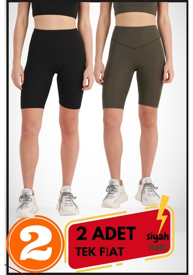 Kadın Kısa Siyah & Haki Şort Tayt 2'li Paket Lycralı Yüksek Bel Toparlayıcı Mevsimlik Biker 21074 Siyah - Haki