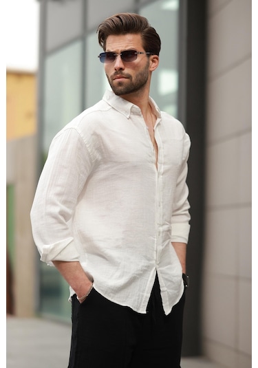 Madmext Beyaz Basic %100 Pamuklu Uzun Kollu Erkek Gömlek E6761 Beyaz