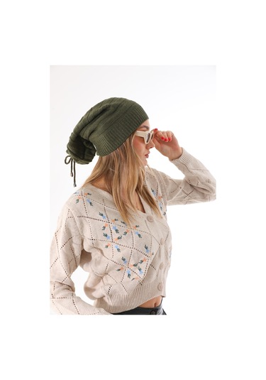 Kadın Ipli Bere Haki Selanik Örgü Atkı Takım Haki