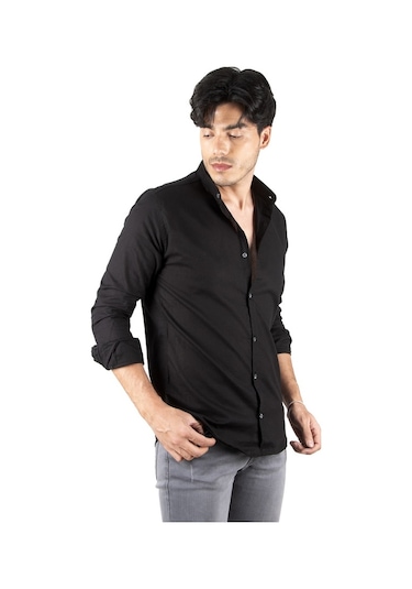 Deepsea Erkek Siyah Hakim Yaka Flamlı Keten Gömlek Siyah