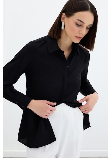 Sateen Klasik Düz Gömlek - Siyah