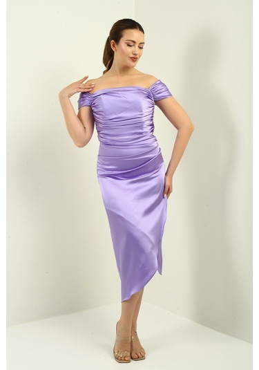 Kadın Madonna Yaka Drapeli Asimetrik Saten Kısa Elbise Lila