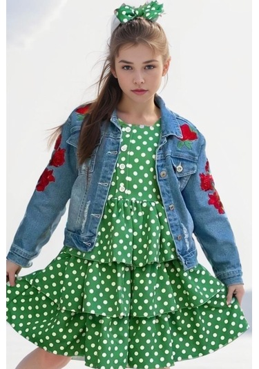 Riccotarz Kız Çocuk Çiçek Baskılı Kot Ceket Puantiyeli Kat Kat Piliseli Yeşil Elbise Yeşil