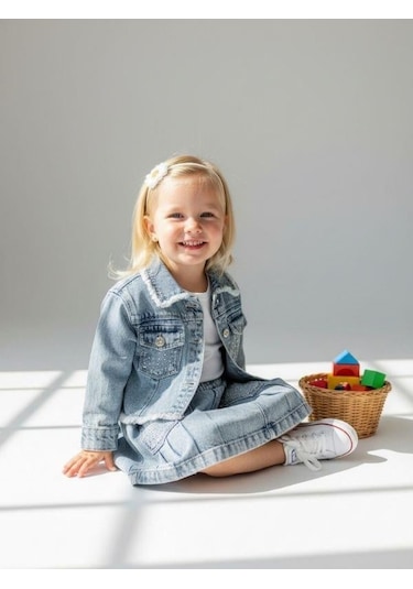 Zekids Kız Bebek Taşlı Denim Ceket-16880 Mavi