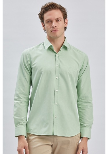 Erkek Uzun Kollu Bez Ayağı Sert Yaka Cepsiz Klasik Slim Fit Dar Kesim Gömlek 1004240230-açık Yeşil